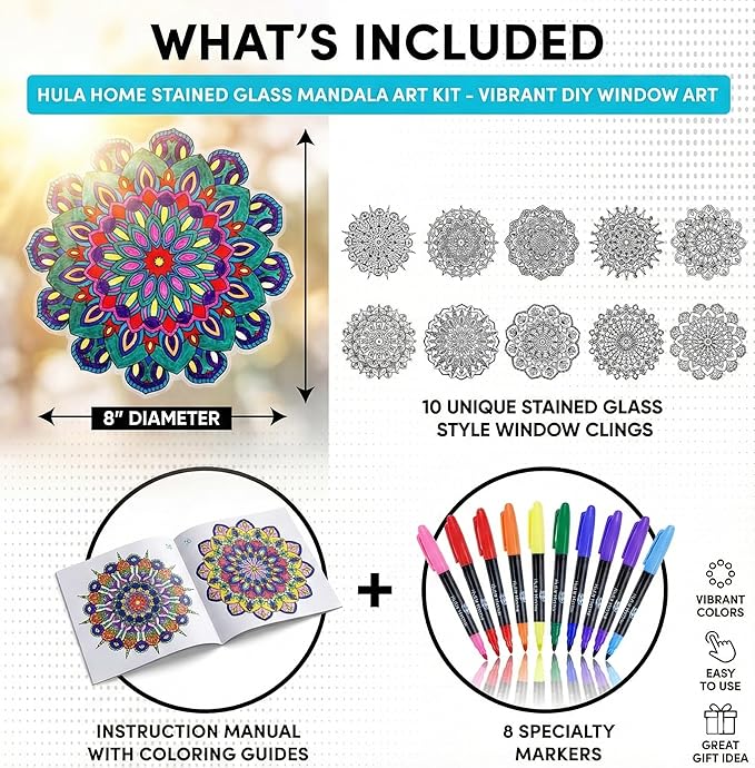 Hula Home Stained Glass Mandala Art Kit - DIY Window Clings with Markers, 10 Suncatchers - Perfect Hobby for Adults, Kids, Teens & Seniors - Ideal Gift for Beginners, Women & Elderly