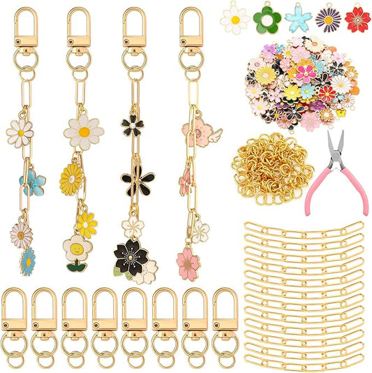 Tondiamo 266 Pieces Flower DIY Gold Keychain Making Kit Floral Daisy Bag Charm Jewelry Making Sunflower Ornaments Bulk for Key Ring Art Adults Women Bag Gift