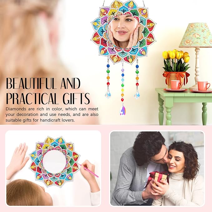 DIY Diamond Painting Mirror, Mandala Makeup Mirror, Special Shaped Crystal Suncatcher for Beginner Arts Crafts Gifts Home Decor 7.9 Inch