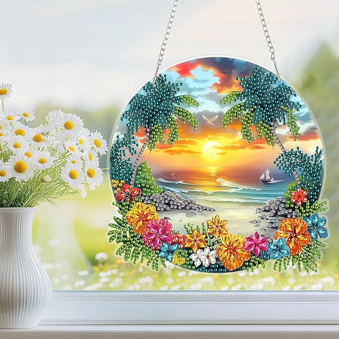 Hanging Diamond Art Kit for Adult, Seaside Flower, 5D Special Shaped Rhinestone Diamond Painting Ornament, Beach Landscape, DIY Acrylic Diamond Art Painting Window Pendants Home Garden Wall Decor