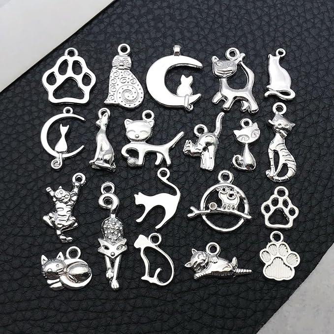 WOCRAFT 60pcs Bright Silver Cat Charms Bracelet Charms for Jewelry Making Sets DIY Necklace Bracelet Keychain Crafting Charms Kit Craft Supplies (SN843)