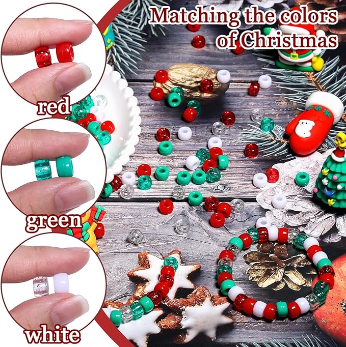 1000Pcs Friendship Bracelet Christmas Beads for Jewerly Making 6x9mm Pony Beads for Bracelets DIY Crafts, 5 Style Color Hair Bead for Braids with Stretch Cord and Scissors