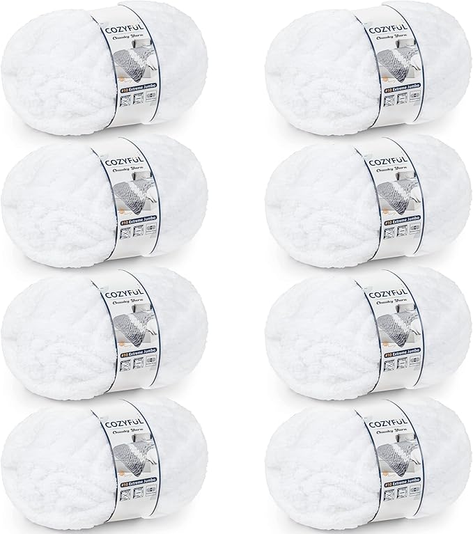Chunky Yarn for Hand Knitting - #10 Chunky Chenille Yarn, Jumbo Big Thick Chunky Yarns for Crocheting, Super Bulky Chunky Knit Blanket Yarns, 8 Skein (25 yds 8 oz Each Skein), Pure White