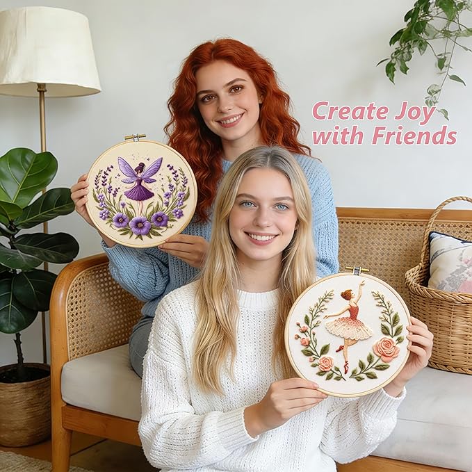 Embroidery Kit for Adults, Pre-Stamped Pattern Embroidery Kit for Beginners, DIY Hand Needlepoint Starter Kit with Hoop Thread Needle Instruction, 7.87'' Hoop (Flower Fairy 3 Packs)