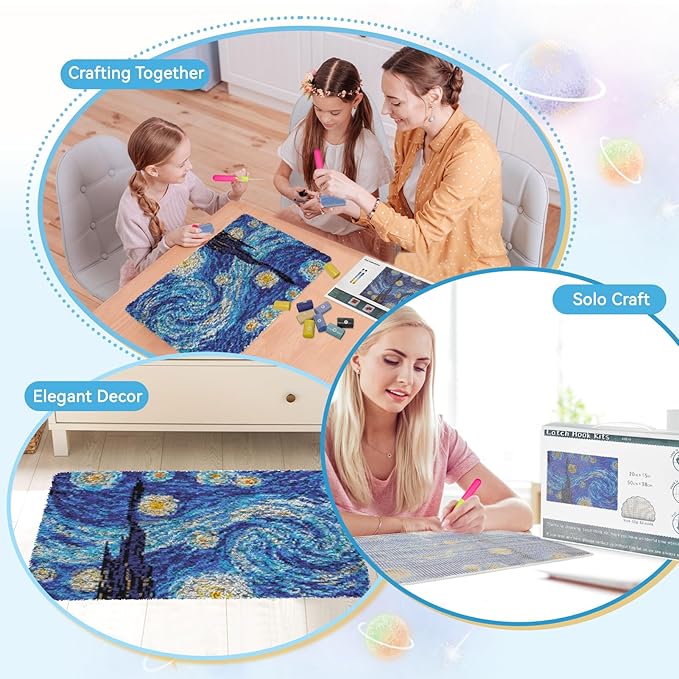 EsLuker.ly Latch Hook Rug Kit DIY Crochet Carpet for Beginners, Starry Sky Patterns Pre-Printed Canvas Yarn Rug Hooking Kits, Creative Craft Home Decor Ideal for Learning Rug Making