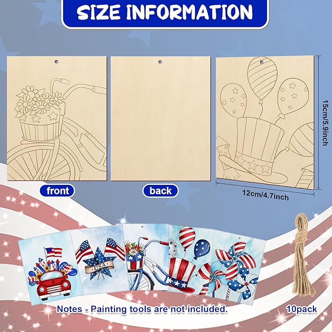 COCHIE 10 Pieces Large 4th of July Unfinished Wood Crafts to Paint for Adults, Bulk Predrilled Wooden Ornaments for Painting, Independence Day Paintable Wood Slices Craft Supplies with Ropes