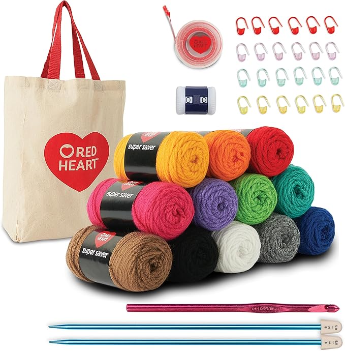 Red Heart Super Saver Yarn Stitchers Kit, 12 Balls, 1 Tote Bag, 1 Knitting Needle, 1 Crochet Hook, 1 Measuring Tape, 1 Knit Counter