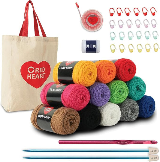 Red Heart Super Saver Yarn Stitchers Kit, 12 Balls, 1 Tote Bag, 1 Knitting Needle, 1 Crochet Hook, 1 Measuring Tape, 1 Knit Counter
