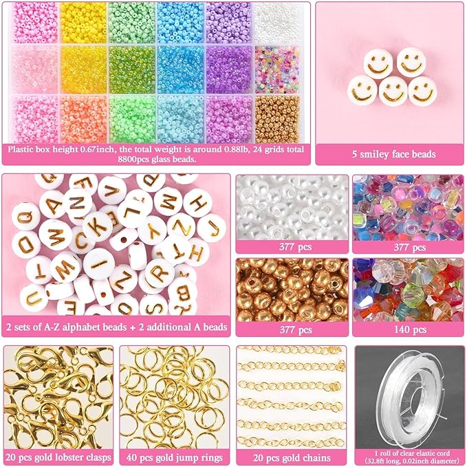 Glass Seed Beads for Jewelry Making, 8800pcs 3mm Small Beads for Bracelets, Friendship Bead Bracelet Kit for Valentine's Day DIY Crafts Gifts, Women, Adults