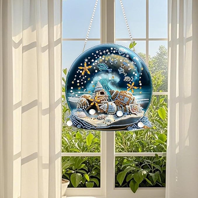 TOSTOG Ocean View Crystal Ball Diamond Art Pendant Kit for Adult, Diamond Painting Hanging Kit for Beginners, 5D DIY Crafts Gem Art, Waterproof Full Accessories for Home Decor Idea 20 * 20 cm/8 * 8 in