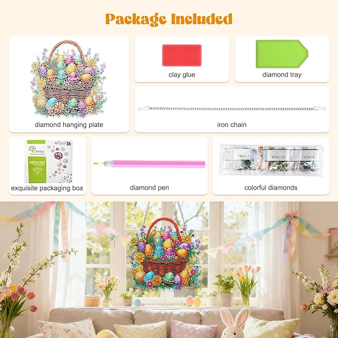 RICUVED Easter Diamond Art Hanging Kit for Adult, Special Shaped Diamond Painting Pendant Board Kit, Eggs Art Suncatchers Double Sided Hanging Acrylic Window Ornament for Home Garden Decor