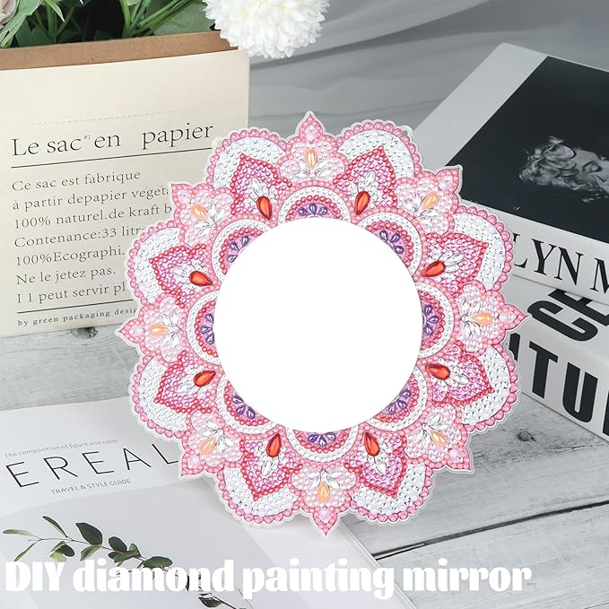 DIY Diamond Painting Mirror for Adults DIY Special Shaped Crystal Diamond Painting Kit Mirror Makeup Mirror Christmas Halloween Birthday Gifts Art Crafts Home Decor (Pink)