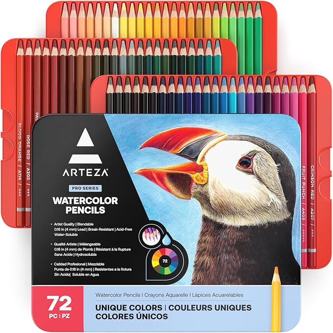 ARTEZA Watercolor Pencils, Set of 72, Water-Soluble Colored Pencils with 4 mm Break-Resistant Core, Pre-Sharpened Tips, and Metal Storage Tin for Blending, Layering, and Wet or Dry Techniques