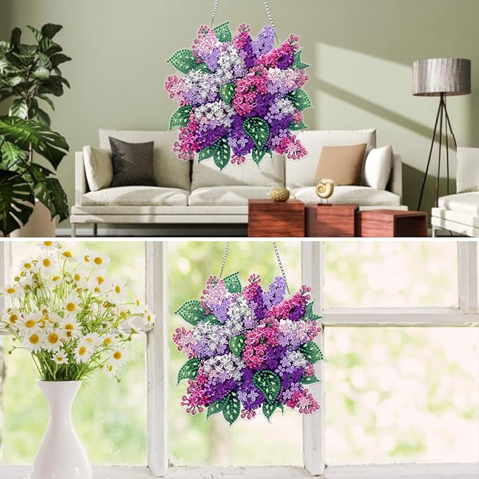 MXJSUA Lilac Flowers Diamond Art Hanging Kits for Adults Beginners, DIY Acrylic Special Shaped Crystal Diamond Gem Drills Pendant Art Painting Ornament for Home Wall Decor Gift 8x8 inch