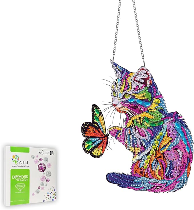 Ginfonr Diamond Painting Kits Hanging Pendant, Cat Sun Catcher for Front Door Sign, Special Shaped Rhinestone Butterfly Diamond Art, Summer Porch Decor for Outdoor Garden Wall Window (8 x 8 inch)