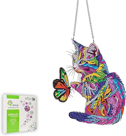 Ginfonr Diamond Painting Kits Hanging Pendant, Cat Sun Catcher for Front Door Sign, Special Shaped Rhinestone Butterfly Diamond Art, Summer Porch Decor for Outdoor Garden Wall Window (8 x 8 inch)
