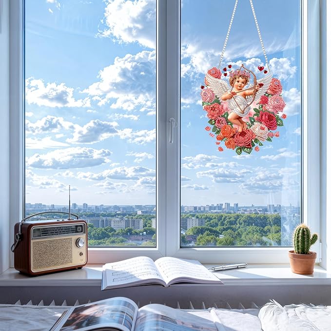 CEOVR Valentine's Day Hanging Diamond Art for Adults, Cupid Special Shape Diamond Painting, DIY Gem Art Wall Hanging Ornament, Acrylic Home Garden Decor with Chain, Box Kit 7.43×7.87inch