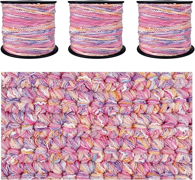Hand-Blended Multifiber Multicolored Fancy Yarn with Subtle Shimmering Threads for Knitting Crocheting Crafts DIY, Set of 3 Rolls (Orange Pink)