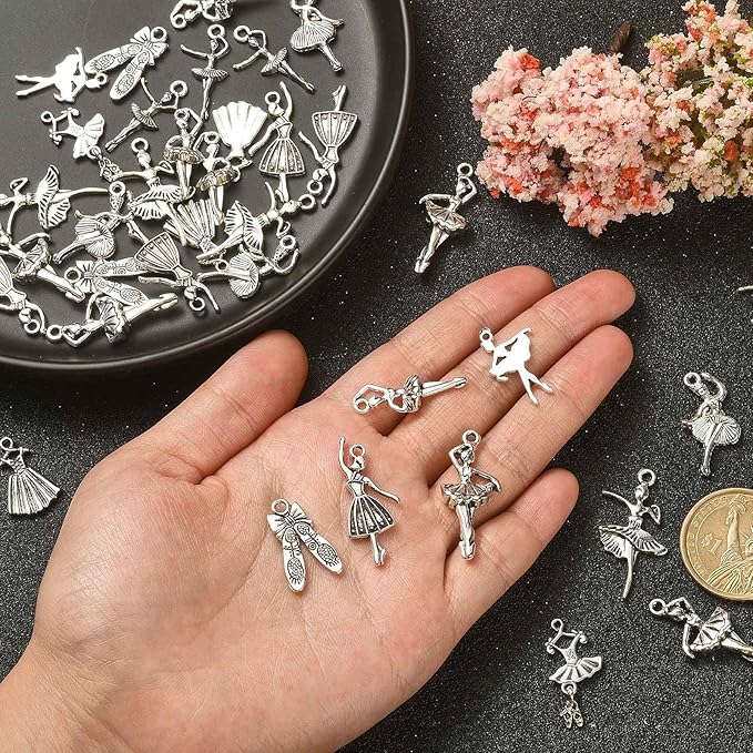 DanLingJewelry 100Pcs 10 Styles Antique Silver Ballet Dancer Charms Ballet Dance Charms for Jewelry Making Crafting