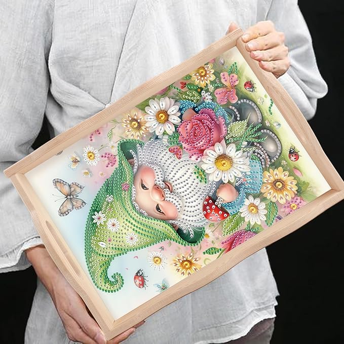 AiYuanzsh DIY Diamond Tray Diamond Art Painting Plate Creative Design Handmade Wooden Tray Mosaic Making Kits by Number Kits Diamond Art for Coffee Living Room Home Organizer (Green Gnome)