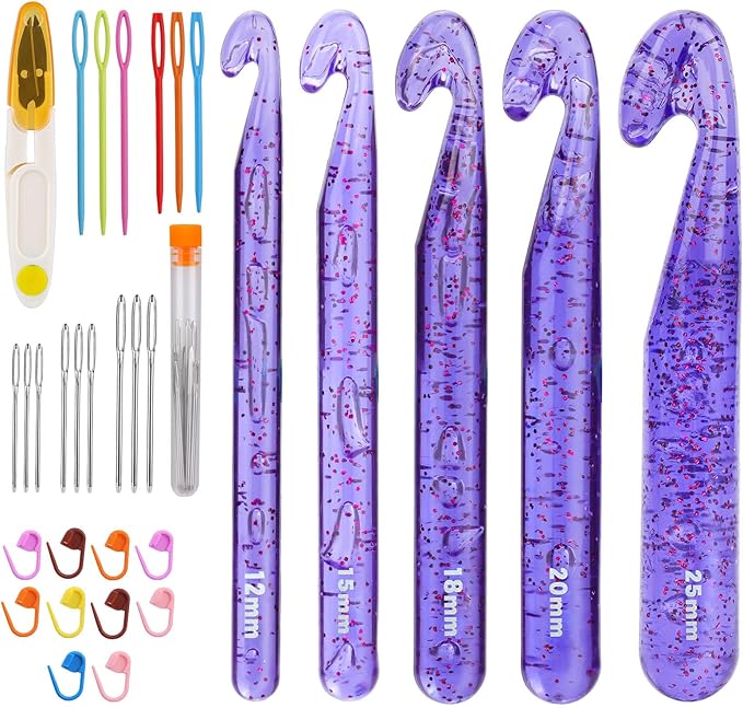 Qmnnma Large Crochet Hooks, 5 Large Crochet Set, 12mm-25mm Huge Purple Transparent Crystal Crochet Hooks for Crocheting Yarn, Chunky Yarn, DIY Crafts