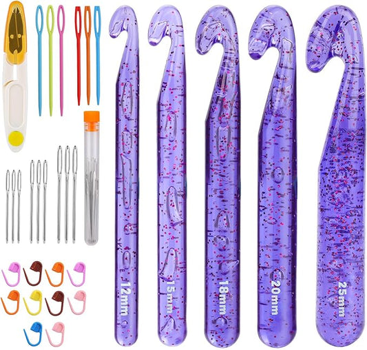 Qmnnma Large Crochet Hooks, 5 Large Crochet Set, 12mm-25mm Huge Purple Transparent Crystal Crochet Hooks for Crocheting Yarn, Chunky Yarn, DIY Crafts