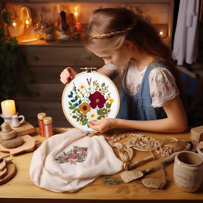 bonroy embroidery kit for beginners with instructions,cross stitch kits for adults with pattern,needlepoint kits for adult include embroidery cloth hoops needles threads (flowers2)