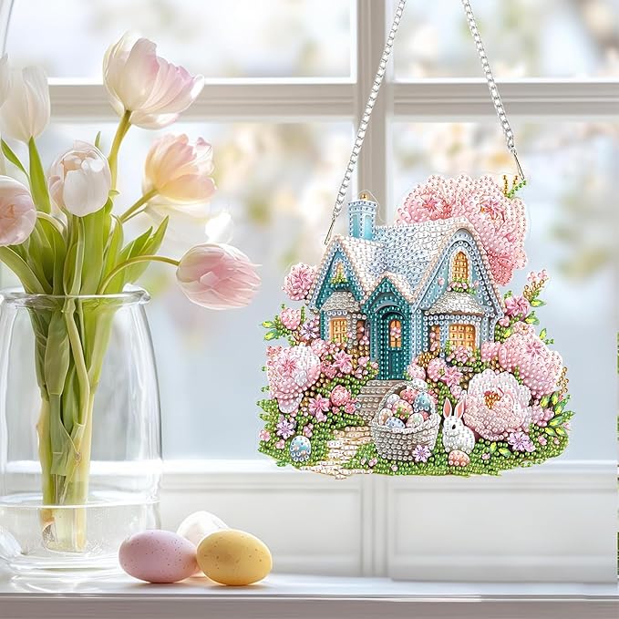NAIMOER Easter House Diamond Art Hanging Kits for Adults, 5D Special Shaped Rhinestone, DIY Acrylic Spring Diamond Art Painting Window Pendants Home Garden Wall Hanging Ornament Kits, Double Sided