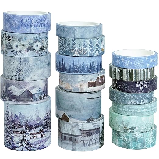 YUBX Winter Washi Tape Set 18 Rolls Landscaping Snow Embellishment Blue White Decorative Masking Tapes for Arts, DIY Crafts, Journals, Planners, Scrapbook, Wrapping