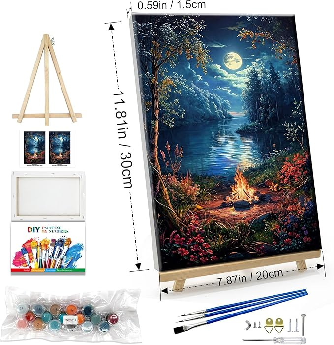 JOOZ Landscape Paint by Numbers Kit for Adults Beginner with Easel Moon Paint by Number on Canvas with Frame DIY Acrylic Painting for Ideal Gift Home Wall Decor 7.87x11.81 Inch