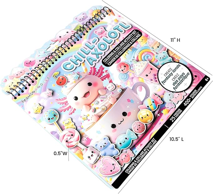 Fashion Angels Chill Axolotl Coloring & Collage Activity Set, Includes 400+ Stickers, Sticker-by-Number & Coloring Pages with Mystical, Cosmic & Candy-Themed Scenes, Creative Art Kit for Kids Ages 6+