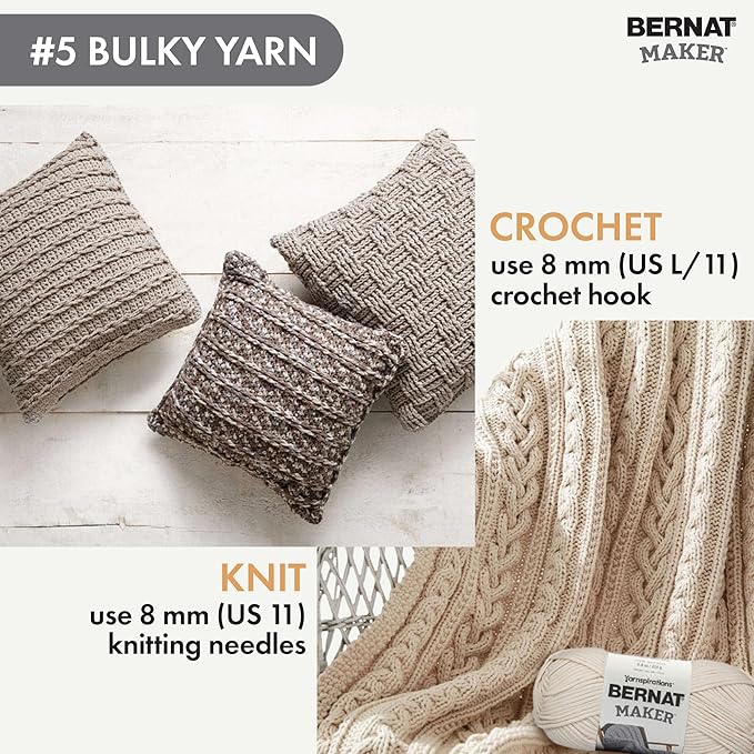 Bernat Maker Clay Yarn - 2 Pack of 250g/8.8oz - 72% Cotton 28% Nylon - #5 Bulky - 290m/317Yards - for Knitting, Crochet and Amigurumi