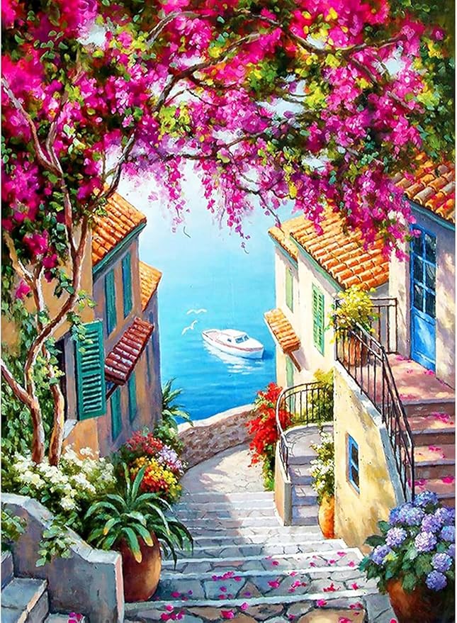 WUDWL Diamond Art Kits for Adults Beginner, Seaside Town DIY Modern Diamond Painting Kits 5D Diamond Dots Gem Art Crafts with Tools,Round Full Drill Funny Crafts for Home Wall Decor&Gift-12x16inch