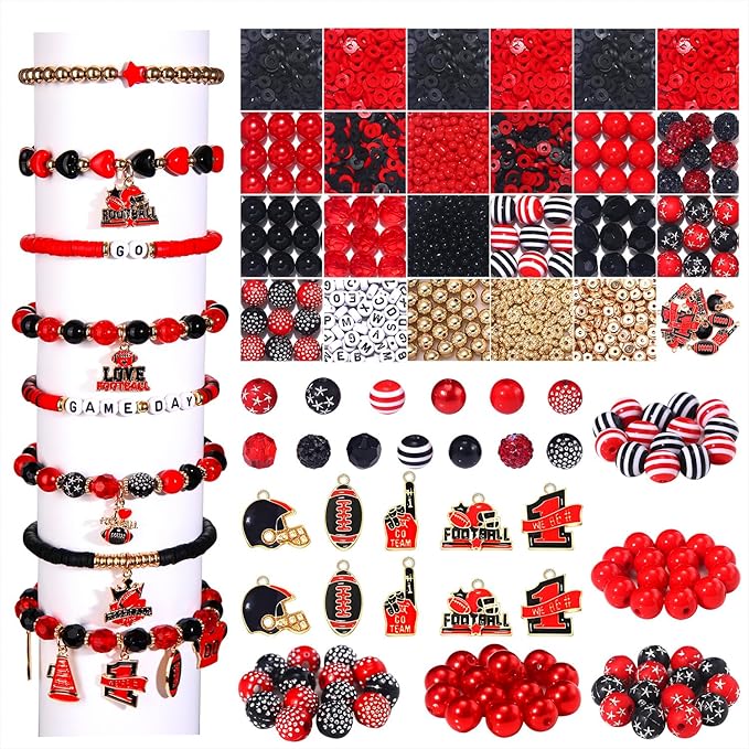 HSWE Game Day Beads for Bracelets Making Kit,Red Black Heishi Clay Pearl Letter Assorted Round Beads Gold Spacer Beads with Football Charms for DIY Bracelets Necklace Jewelry Making, 2100PCS+