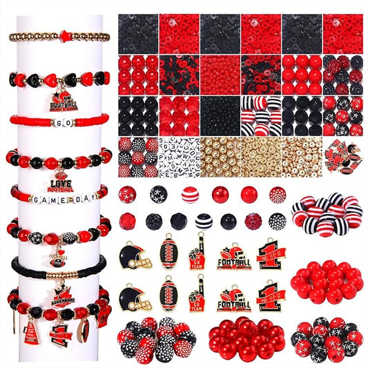 HSWE Game Day Beads for Bracelets Making Kit,Red Black Heishi Clay Pearl Letter Assorted Round Beads Gold Spacer Beads with Football Charms for DIY Bracelets Necklace Jewelry Making, 2100PCS+