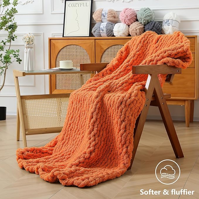 Chunky Yarn for Hand Knitting - #10 Chunky Chenille Yarn, Jumbo Big Thick Chunky Yarns for Crocheting, Super Bulky Chunky Knit Blanket Yarns, 8 Skein (25 yds 8 oz Each Skein), Pumpkin Orange