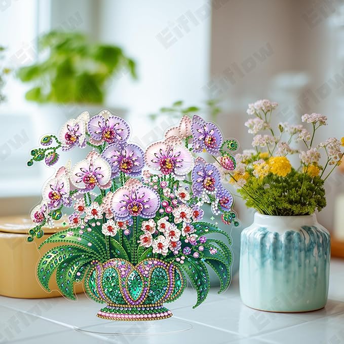Eiflow Desktop Diamond Art Kit for Adults Flower, DIY Tabletop Diamond Art Painting with Stand, Acrylic Stand Up Gem Painting Board Kit (Moth Orchid)