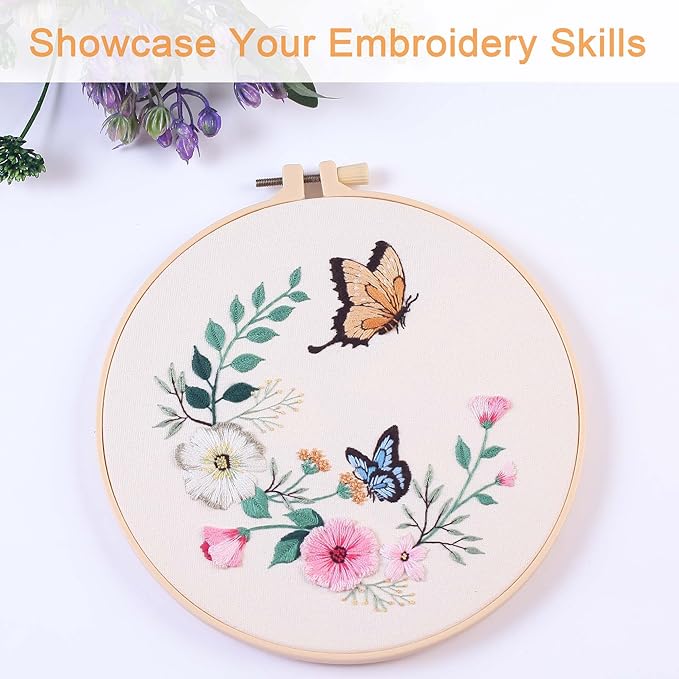 reewisly 3ps embroidery starter kit patterns, diy adult cross stitch kits beginner, including 3 plastic embroidery rings, 1 scissors, colored threads,needles and instructions