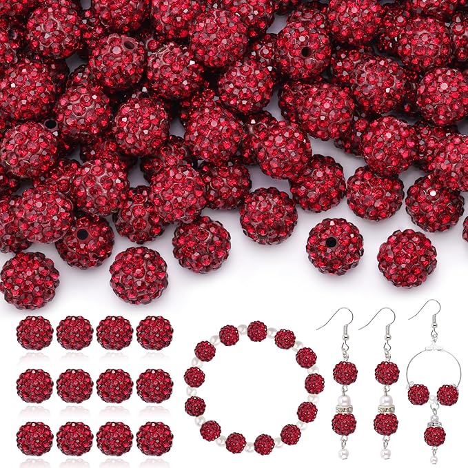 120pcs 10mm rhinestone beads for jewelry making, dark red shiny round shamballa disco ball beads bulk, sparkle crystal clay christmas for bracelet baseball necklace earring crafting and diy
