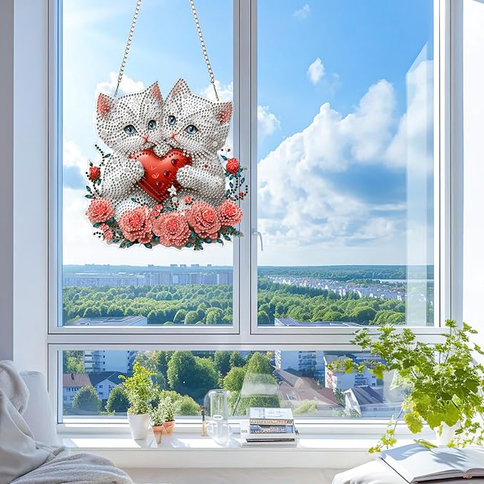 KEYIFA White Cat Diamond Painting Kit, DIY Heart Diamond Art for Adults, Diamonds Pendant Special Shaped Rhinestone Window Hanging Ornaments Home Garden Wall Door Decoration, 20cm Width