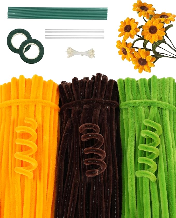 300 Pcs Thick Pipe Cleaners,Craft Supplies Floral Bonquet,DIY Flower Making Kit for Starter with Floral Wires, Gardening Tape,Stamen (Brown+Gold+Green)