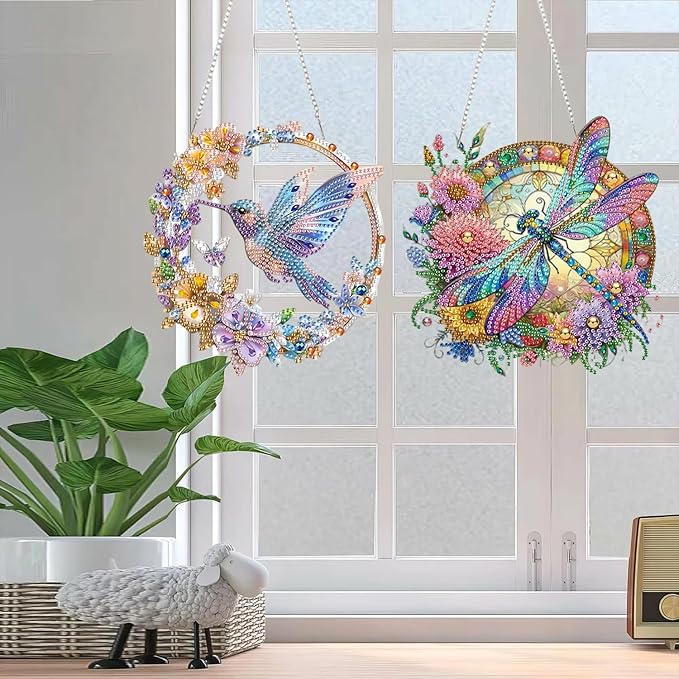 AIBOERL Diamond Art Hanging Kit for Adult,Special Shaped Rhinestone,Double Sided 5D DIY Acrylic Diamond Art Painting Window Pendants Home Garden Wall Hanging Kits Hanging Ornament (2 Pack)