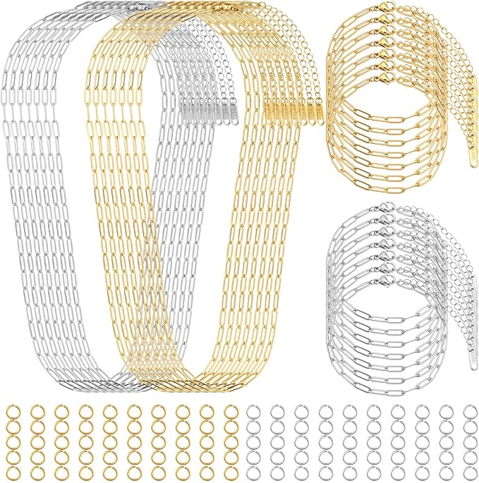 Comkrivy 128 Pcs Charm Bracelet Necklace Kit, 18K Gold & Silver Plated Chains, Adjustable Charm Bracelet Chain Necklace Set for DIY Jewelry Making, Includes 100 Pcs Open Jump Rings
