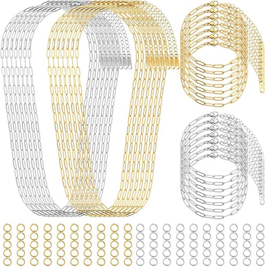 Comkrivy 128 Pcs Charm Bracelet Necklace Kit, 18K Gold & Silver Plated Chains, Adjustable Charm Bracelet Chain Necklace Set for DIY Jewelry Making, Includes 100 Pcs Open Jump Rings