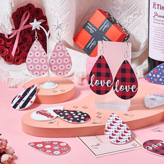 Beadthoven Wood Earrings Making Kit Teardrop Wood Big Pendants Colorful Wooden Charms with Heart Flower Printed Earring Hooks Jump Rings for Women Earring Jeweley Making Valentine’s Day