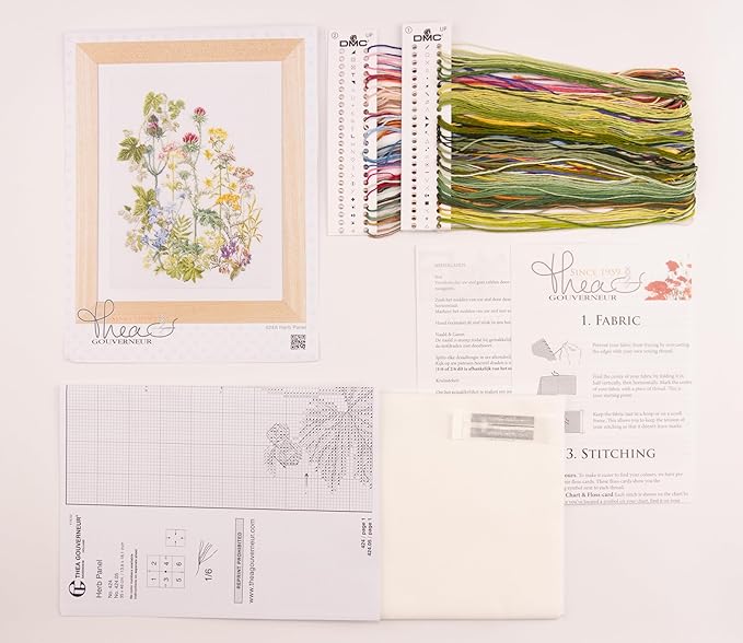 Thea Gouverneur - Counted Cross Stitch Kit - Herbs - Aida - 18 Count - Embroidery Kits for Adults - Crafts - DMC Embroidery Threads and Other Cross Stitch Supplies Included - 424A