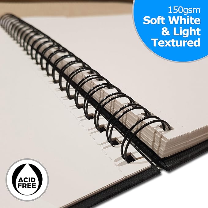 Hardback Spiral Mixed Media Sketch Book – 150gsm 50 Sheets - by Zieler. Ideal for use with Pencils, Charcoal, Graphite, Pastels & Light Watercolour. Perforated & Acid Free Sheets - Portrait (A4)