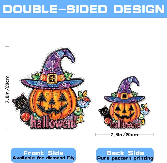 VAIIEYO Halloween Diamond Art Hanging Ornament, Black Cat Pumpkin Diamond Painting Suncatchers Window Hanging Kit with Chain, 7.5x7.5 inch Pendant Art Craft for Gift Home Wall Front Door Decoration