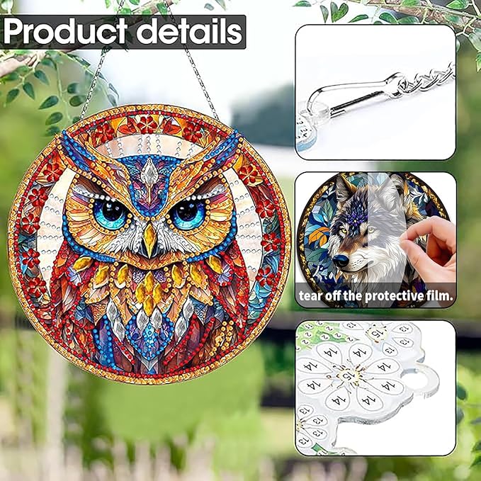 SKRYUIE Owl Hanging Diamond Art Kits for Adults Pendant Suncatcher, Special Shaped Crystal DIY Pearl Diamond Painting Kit, Gift for Mother Spring Summer Window Wreath Decor 7.21 x 7.29 Inch A21