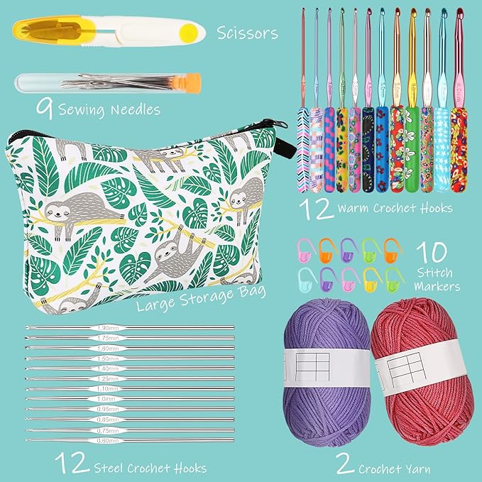 Coopay 24 Sizes Crochet Hooks with Crocheting Yarn Accessories, 2mm(B)-8mm(L) Warm Crochet Hooks Steel Crochet Hook Set, Smooth Crocheting Kit with Complete Knitting & Crochet Supplies